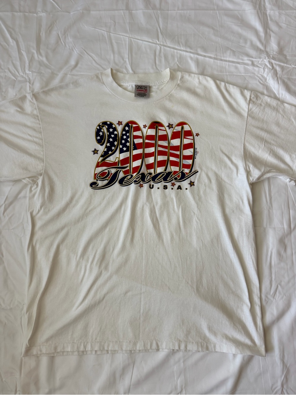 Oneita power/50 White Y2K Texas Graphic Tee - Classic Crew Neck